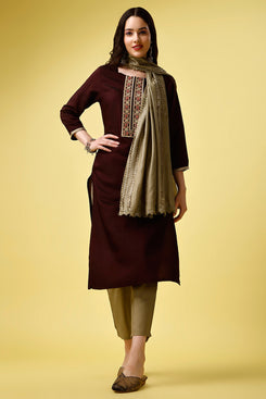 Admyrin Wine Silk Blend Sequence Embroidered Ready To Wear Kurta with Bottom and Dupatta