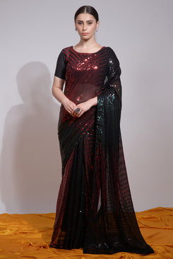 Admyrin Black and Maroon Heavy Georgette Sequence Embroidery Work Party Wear Saree with Blouse Piece