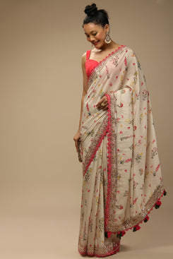 Admyrin Cream Chinon Embroidered Party Wear Saree with Blouse Piece