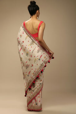 Admyrin Cream Chinon Embroidered Party Wear Saree with Blouse Piece