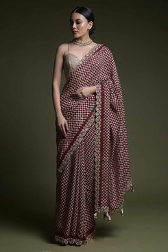 Admyrin Maroon Chinon Printed Sequence Codding Work Party Wear Saree with Blouse Piece