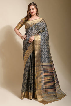Admyrin Bright and Beautiful Grey Assam Silk Party Wear Saree with Blouse Piece