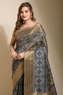 Admyrin Bright and Beautiful Grey Assam Silk Party Wear Saree with Blouse Piece