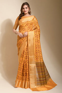 Admyrin Bright and Beautiful Mustard Assam Silk Party Wear Saree with Blouse Piece