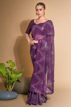 Admyrin Purple Heavy Georgette Sequence Embroidery Work Party Wear Saree with Blouse Piece