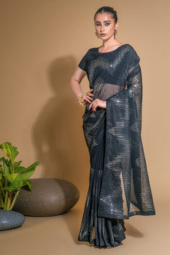 Admyrin Black Heavy Georgette Sequence Embroidery Work Party Wear Saree with Blouse Piece