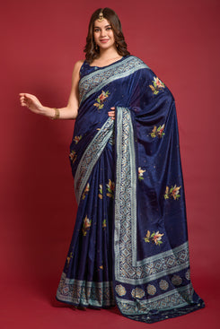 Admyrin Navy Blue Smooth Silk Foil Printed Woven Festival Wear Saree with Blouse Piece