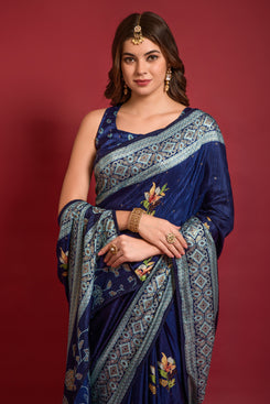 Admyrin Navy Blue Smooth Silk Foil Printed Woven Festival Wear Saree with Blouse Piece