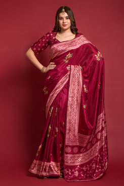 Admyrin Maroon Smooth Silk Foil Printed Woven Festival Wear Saree with Blouse Piece