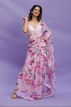 Admyrin Pink Chinon Digital Print Party Wear Saree with Blouse Piece