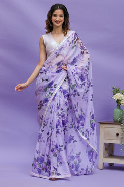 Admyrin Purple Chinon Digital Print Party Wear Saree with Blouse Piece