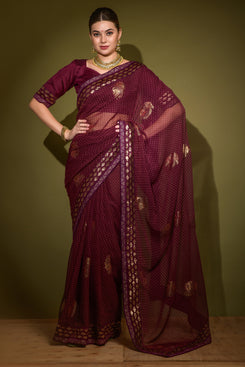 Admyrin Maroon Heavy Georgette Foil Printed Sequin Work Party Wear Saree with Matching Blouse Piece