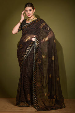 Admyrin Black Heavy Georgette Foil Printed Sequin Work Party Wear Saree with Matching Blouse Piece