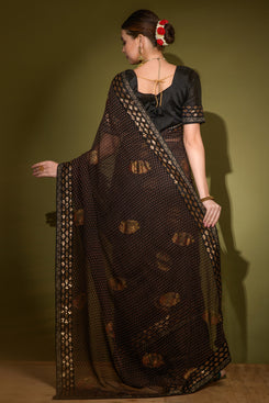 Admyrin Black Heavy Georgette Foil Printed Sequin Work Party Wear Saree with Matching Blouse Piece