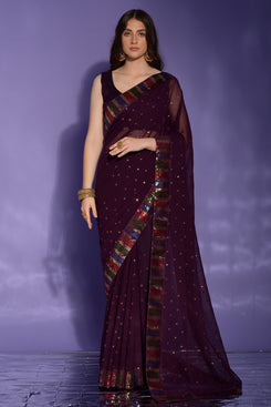 Admyrin Purple Heavy Georgette Sequence Patti Work Party Wear Saree with Blouse Piece