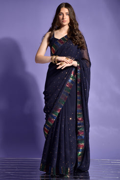 Admyrin Navy Blue Heavy Georgette Sequence Patti Work Party Wear Saree with Blouse Piece