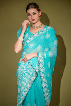 Admyrin Bright Aqua Color Heavy Georgette Party Wear Saree with Matching Blouse Piece