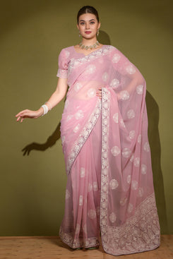 Admyrin Bright Light Pink Color Heavy Georgette Party Wear Saree with Matching Blouse Piece