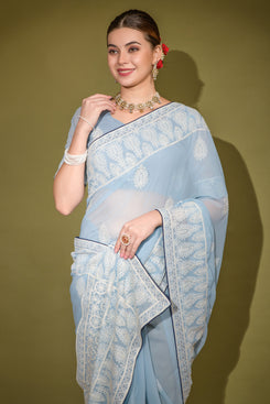 Admyrin Bright Light Grey Color Heavy Georgette Party Wear Saree with Matching Blouse Piece