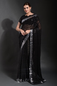 Admyrin Black Soft Georgette Sequence Embroidered Party Wear Saree with Blouse Piece