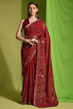 Admyrin Heavy Georgette Sequence Embroidery Work Party Wear Saree with Belt and Blouse Piece