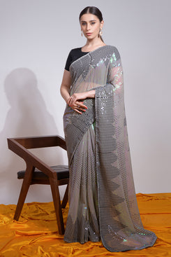 Admyrin Grey Heavy Georgette Sequence Embroidery Work Party Wear Saree with Blouse Piece