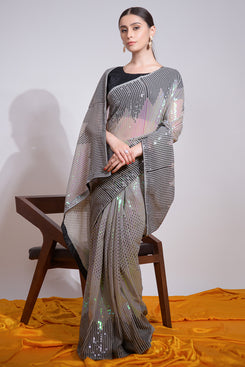 Admyrin Grey Heavy Georgette Sequence Embroidery Work Party Wear Saree with Blouse Piece