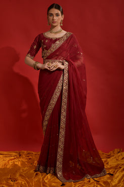 Admyrin Maroon Heavy Georgette Sequence Codding Embroidery Work Party Wear Saree with Blouse Piece