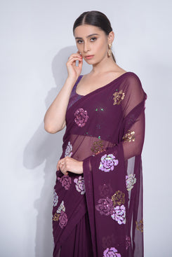 Admyrin Purple Heavy Georgette Sequin Flower Work Party Wear Saree with Blouse Piece