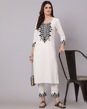 Admyrin White Viscose Rayon Embroidered Readymade Kurta With Pant Set