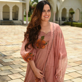 Admyrin Beige Georgette Classy Designer Floral Print Readymade Gown