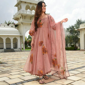 Admyrin Beige Georgette Classy Designer Floral Print Readymade Gown