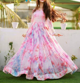 Admyrin Light Pink Georgette Classy Designer Printed Readymade Gown