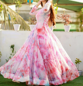 Admyrin Light Pink Georgette Classy Designer Printed Readymade Gown