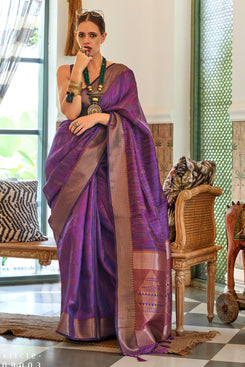 Admyrin Purple Organza Handloom Saree with Blouse Piece