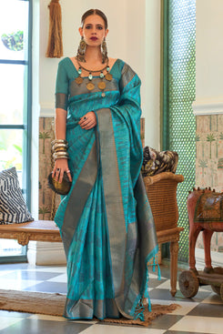 Admyrin Blue Organza Handloom Saree with Blouse Piece