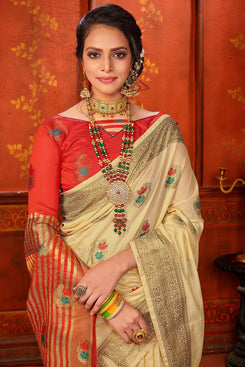 Bhelpuri Cream Mina Art Silk Woven Saree with Blouse Piece