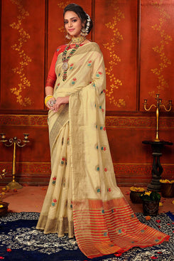 Bhelpuri Cream Mina Art Silk Woven Saree with Blouse Piece