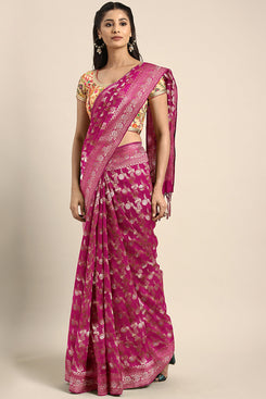 Bhelpuri Pink Kanjeevaram Art Silk Woven Saree with Blouse Piece