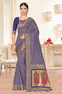 Bhelpuri Blue Banarasi Silk Woven Saree with Blouse Piece