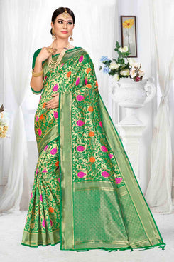 Bhelpuri Light Green Banarasi Silk Woven Saree with Blouse Piece