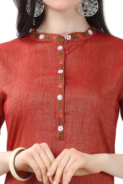 Admyrin Brick Red Glossy Cotton Embroidered Kurti