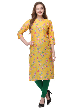 Admyrin Yellow Cotton Muslin Straight Fit Digitally Printed Kurti