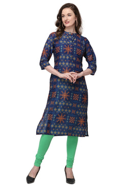 Admyrin Dark Blue Cotton Muslin Straight Fit Digitally Printed Kurti