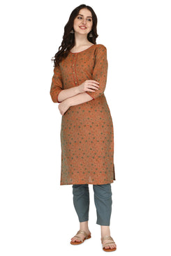 Admyrin Brown Bright & Beautiful Bhagalpuri Cotton with Block Printing Party Wear / Festive Wear Kurti