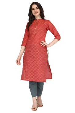 Admyrin Red Bright & Beautiful Bhagalpuri Cotton with Block Printing Party Wear / Festive Wear Kurti