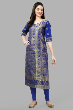 Admyrin Navy Blue Poly Silk with Full Zari Jacquard Work Kurti