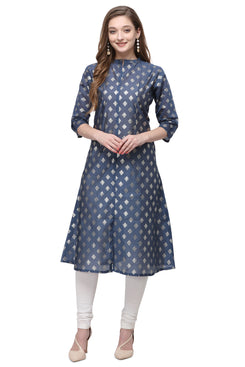 Admyrin Dark Blue Pure Chanderi Cotton Straight Block Printed Kurti