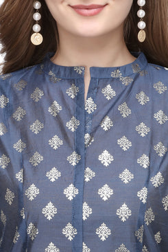 Admyrin Dark Blue Pure Chanderi Cotton Straight Block Printed Kurti