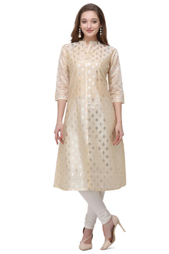 Admyrin Beige Pure Chanderi Cotton Straight Block Printed Kurti